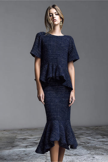 Navy Bateau Neck Mermaid 2 Piece Work Dress